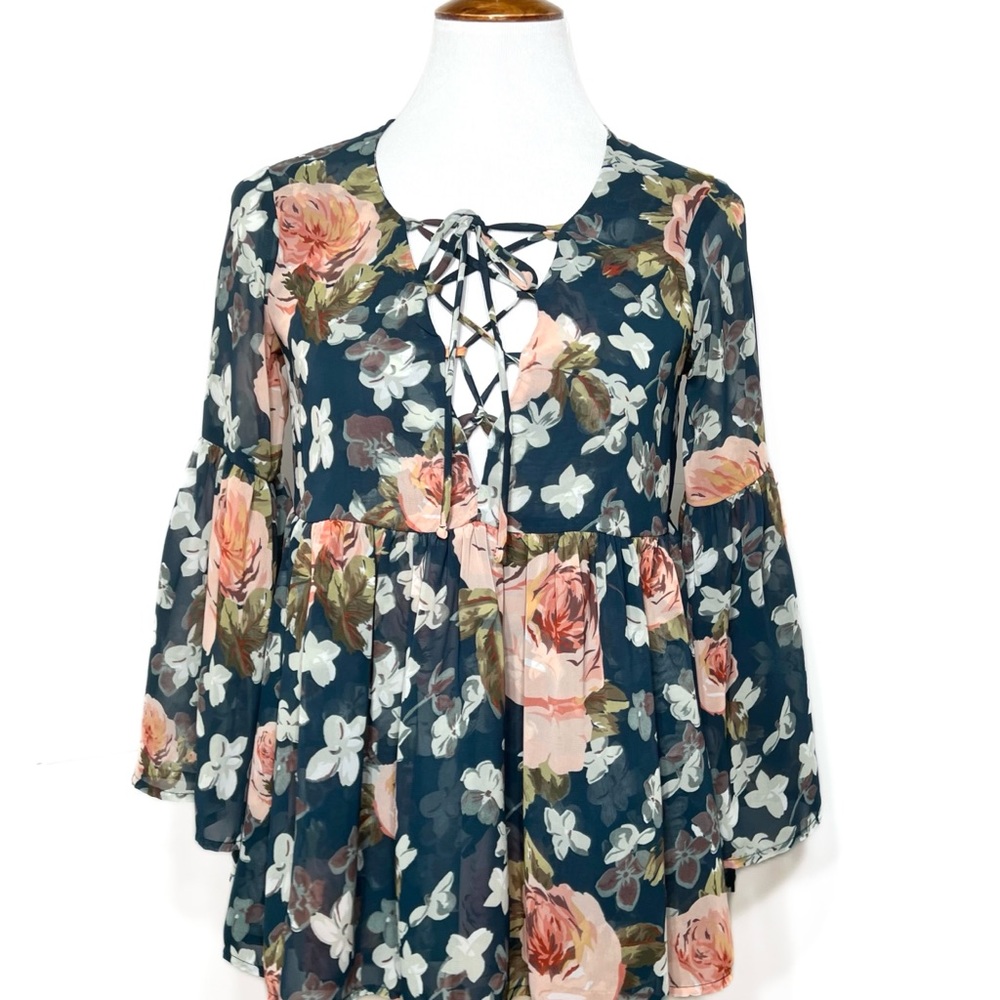 Show Me Your Mumu Teal Floral Tie Neck Bell Sleeve Ruffled Peplum Peasant Blouse - Picture 6 of 9